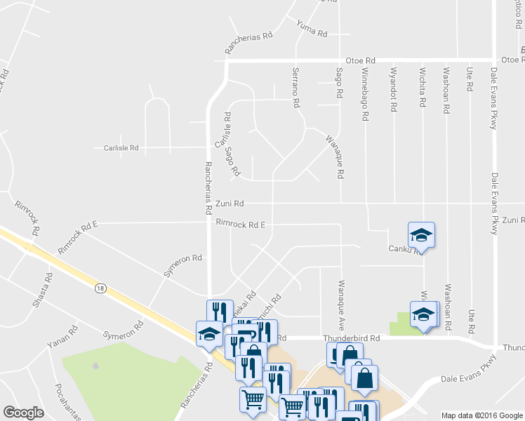 map of restaurants, bars, coffee shops, grocery stores, and more near 20285 Serrano Road in Apple Valley
