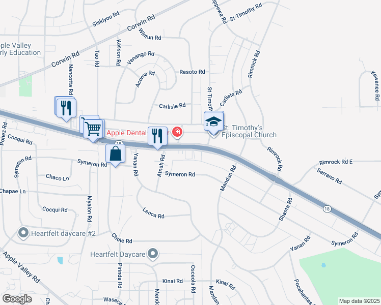 map of restaurants, bars, coffee shops, grocery stores, and more near 19227 California 18 in Apple Valley