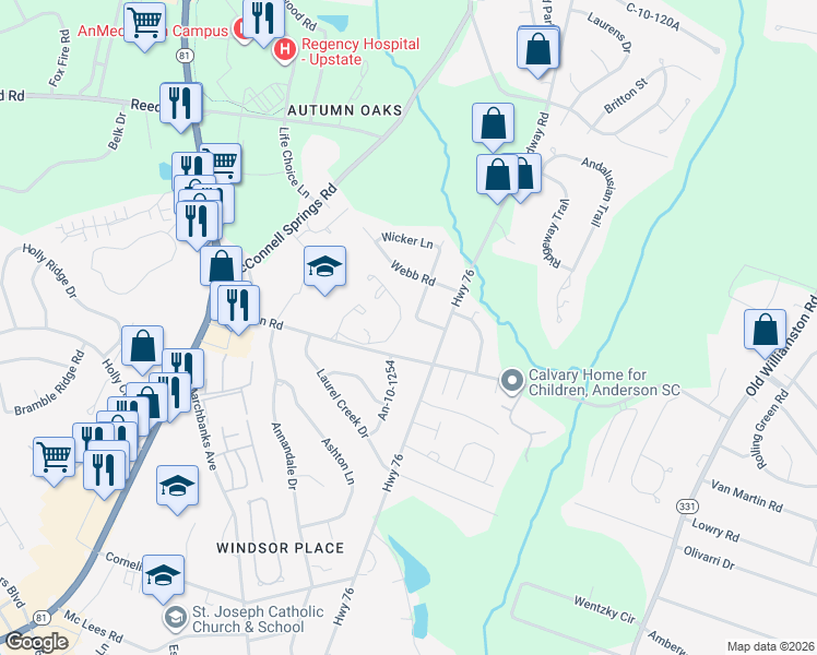 map of restaurants, bars, coffee shops, grocery stores, and more near 319 Simpson Road in Anderson