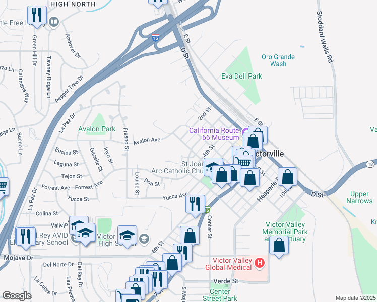 map of restaurants, bars, coffee shops, grocery stores, and more near A Street in Victorville