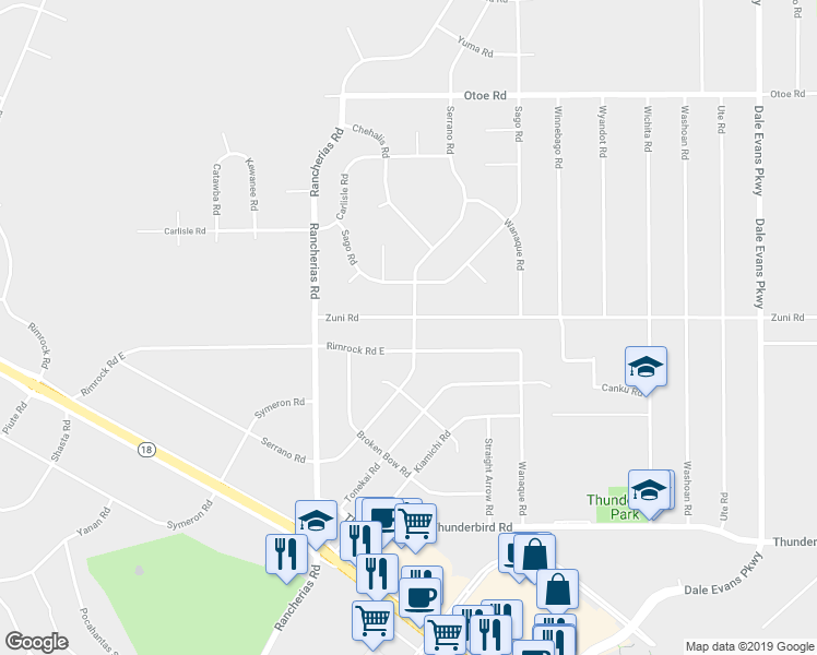 map of restaurants, bars, coffee shops, grocery stores, and more near 20280 Serrano Road in Apple Valley