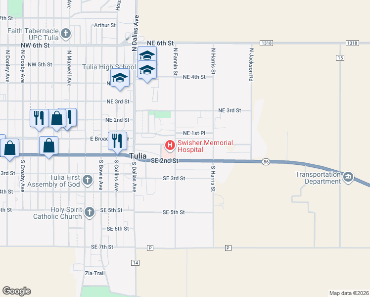 map of restaurants, bars, coffee shops, grocery stores, and more near 611 SE 2nd St in Tulia