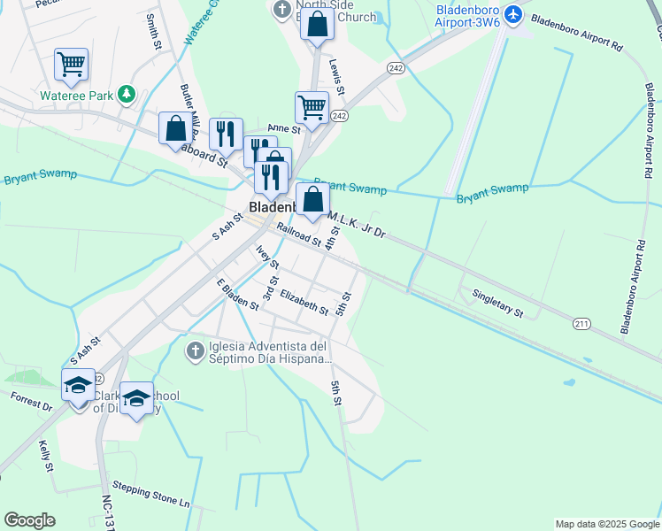 map of restaurants, bars, coffee shops, grocery stores, and more near 305 East Elm Street in Bladenboro