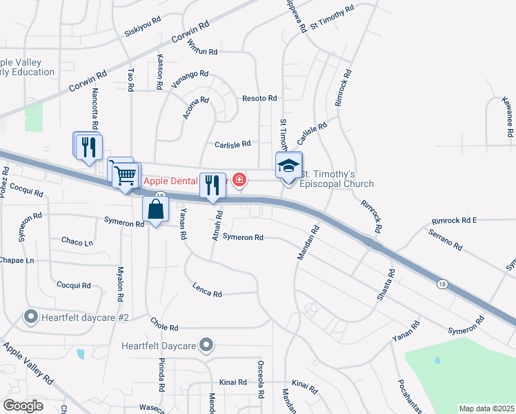 map of restaurants, bars, coffee shops, grocery stores, and more near 19227 California 18 in Apple Valley
