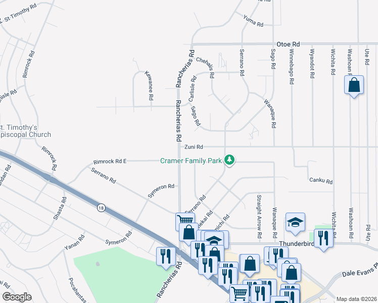 map of restaurants, bars, coffee shops, grocery stores, and more near 20125 Zuni Road in Apple Valley