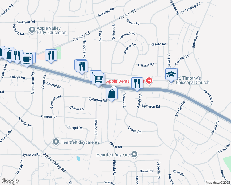map of restaurants, bars, coffee shops, grocery stores, and more near 19001 Highway 18 in Apple Valley
