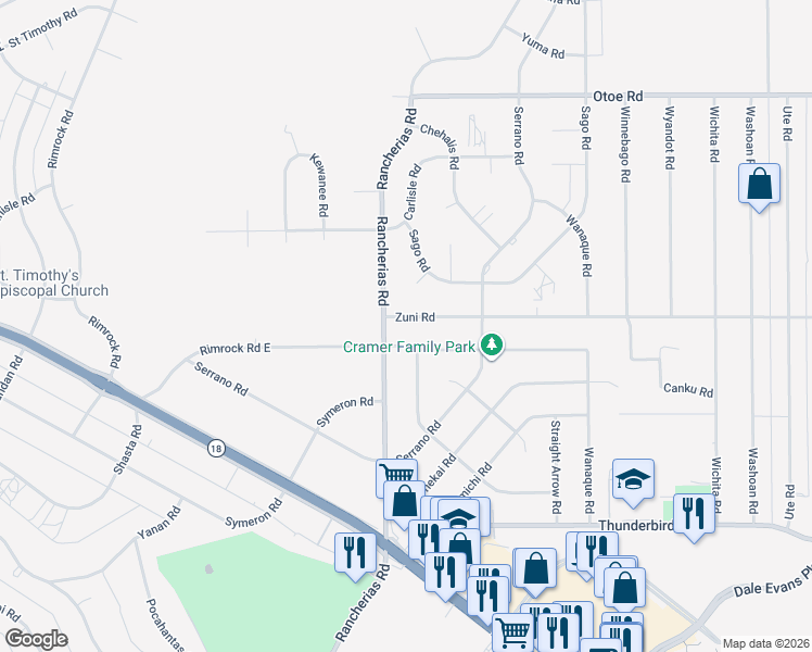 map of restaurants, bars, coffee shops, grocery stores, and more near 20130 Rimrock Road East in Apple Valley
