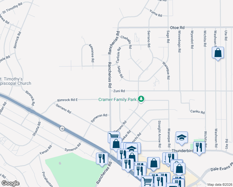 map of restaurants, bars, coffee shops, grocery stores, and more near 20125 Zuni Road in Apple Valley