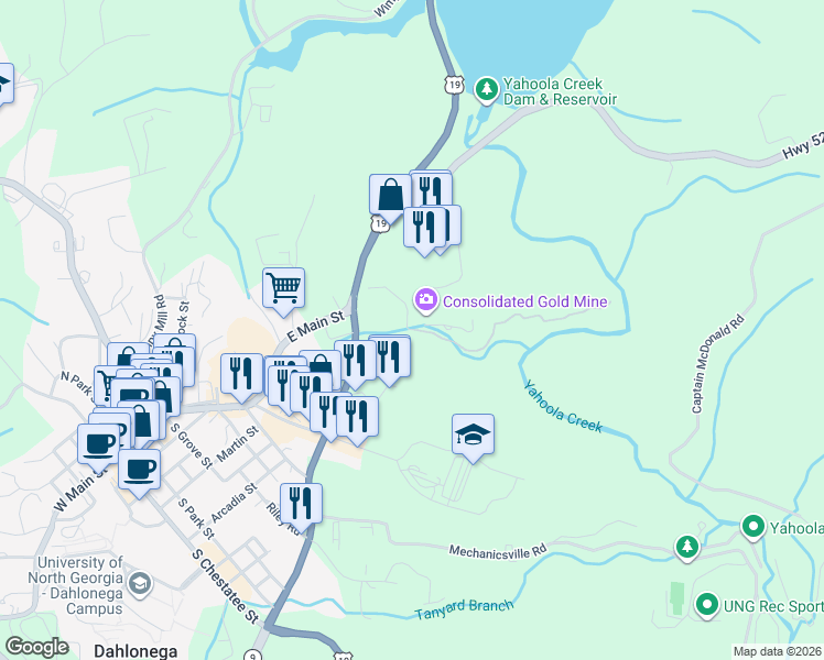 map of restaurants, bars, coffee shops, grocery stores, and more near 199 Consolidated Gold Mine Road in Dahlonega