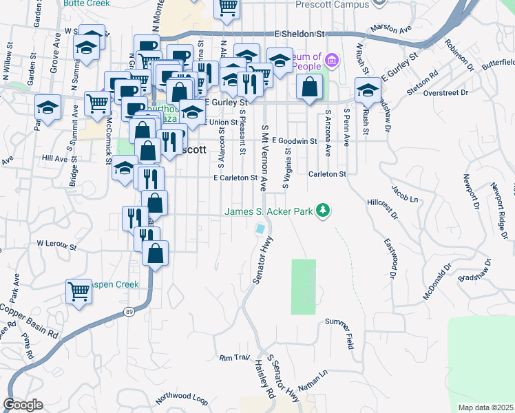 map of restaurants, bars, coffee shops, grocery stores, and more near 349 South Pleasant Street in Prescott