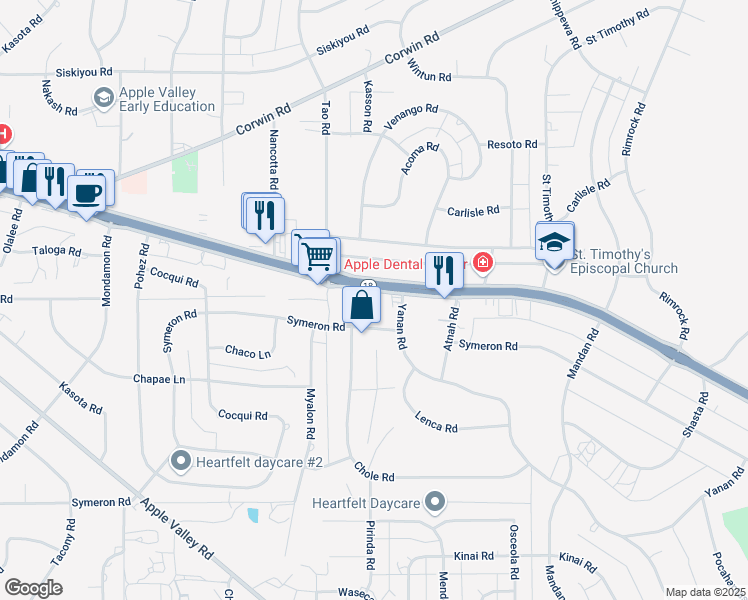 map of restaurants, bars, coffee shops, grocery stores, and more near 19022 Symeron Road in Apple Valley