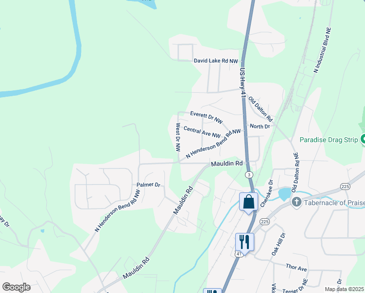 map of restaurants, bars, coffee shops, grocery stores, and more near 135 West Drive Northwest in Calhoun