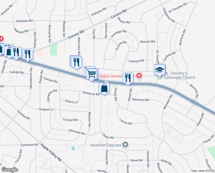 map of restaurants, bars, coffee shops, grocery stores, and more near 19001 Outer Highway 18 South in Apple Valley