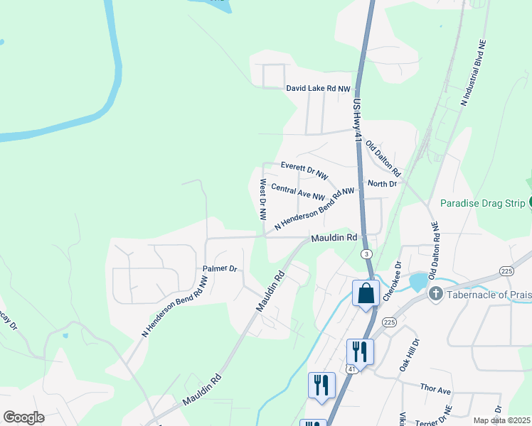 map of restaurants, bars, coffee shops, grocery stores, and more near 135 West Drive Northwest in Calhoun