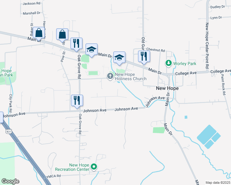 map of restaurants, bars, coffee shops, grocery stores, and more near 1205 Johnson Avenue in New Hope
