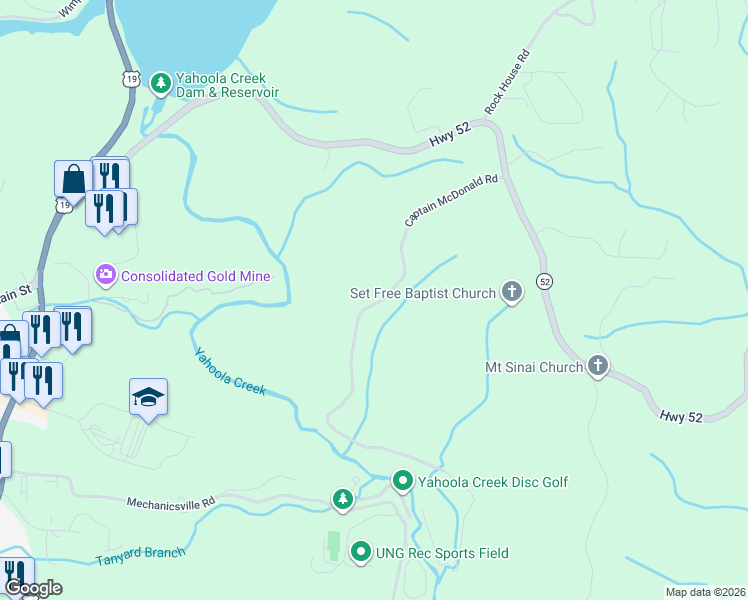 map of restaurants, bars, coffee shops, grocery stores, and more near 1-199 Consolidated Mines Rd in Dahlonega