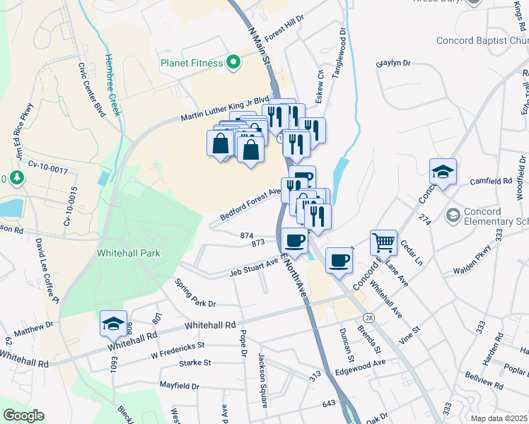 map of restaurants, bars, coffee shops, grocery stores, and more near 204 Beauregard Avenue in Anderson
