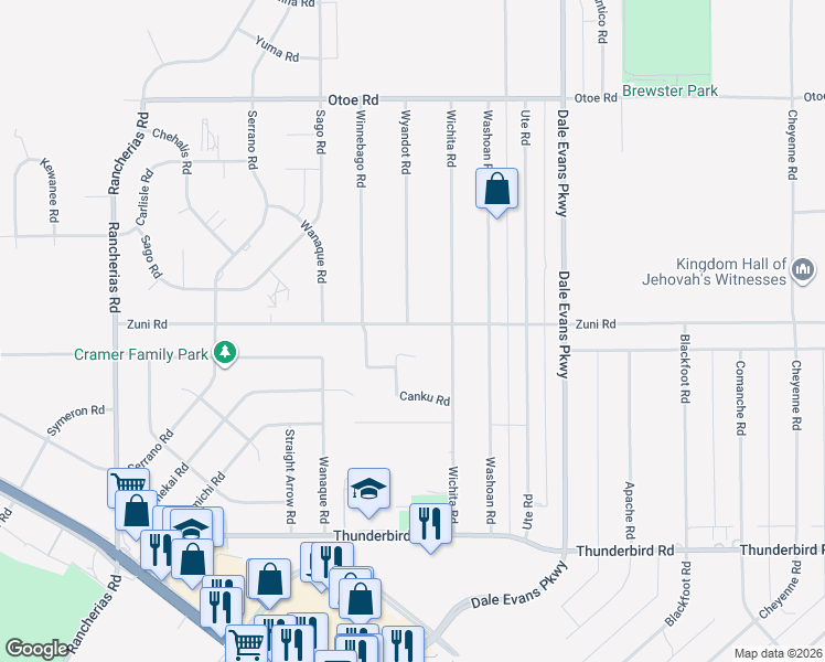 map of restaurants, bars, coffee shops, grocery stores, and more near 20631 Zuni Road in Apple Valley