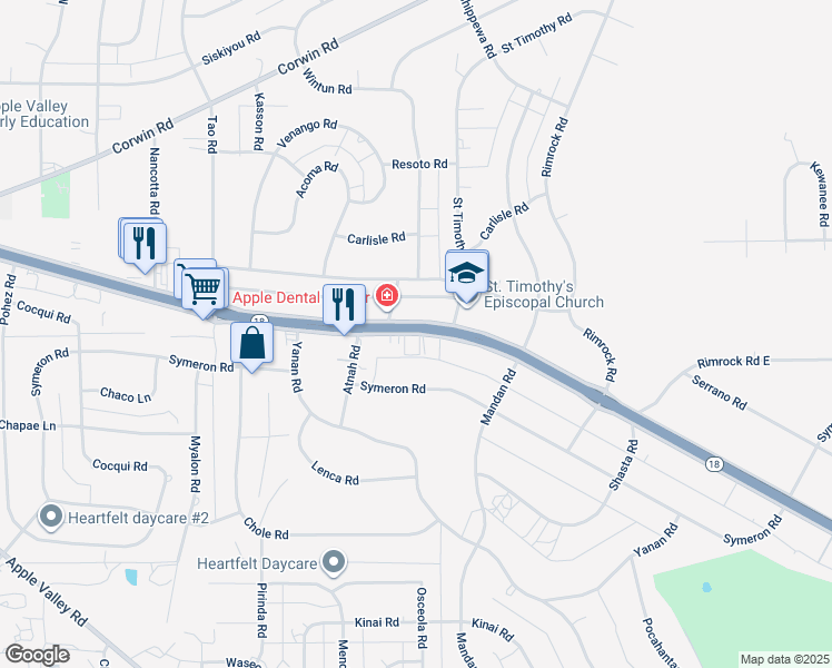 map of restaurants, bars, coffee shops, grocery stores, and more near 19227 California 18 in Apple Valley