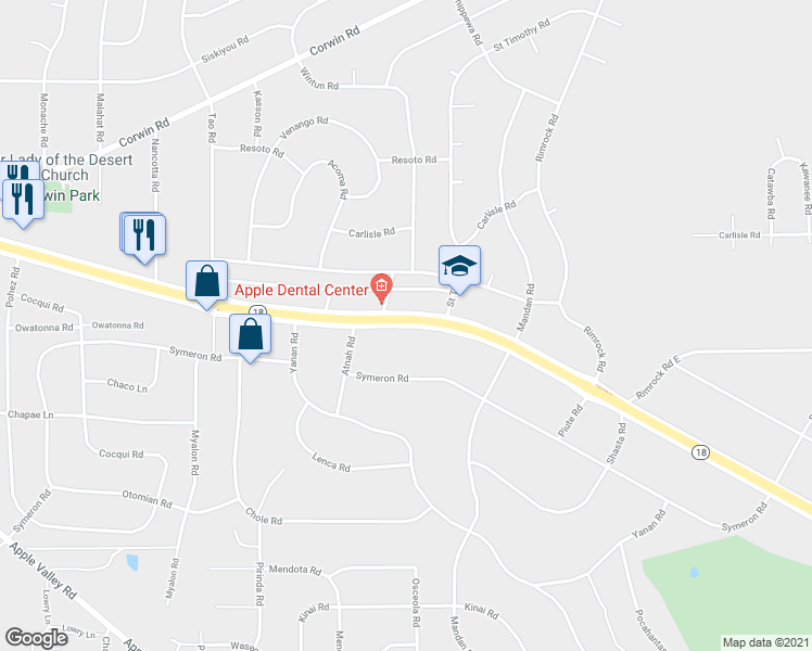 map of restaurants, bars, coffee shops, grocery stores, and more near 19211 Outer Highway 18 South in Apple Valley