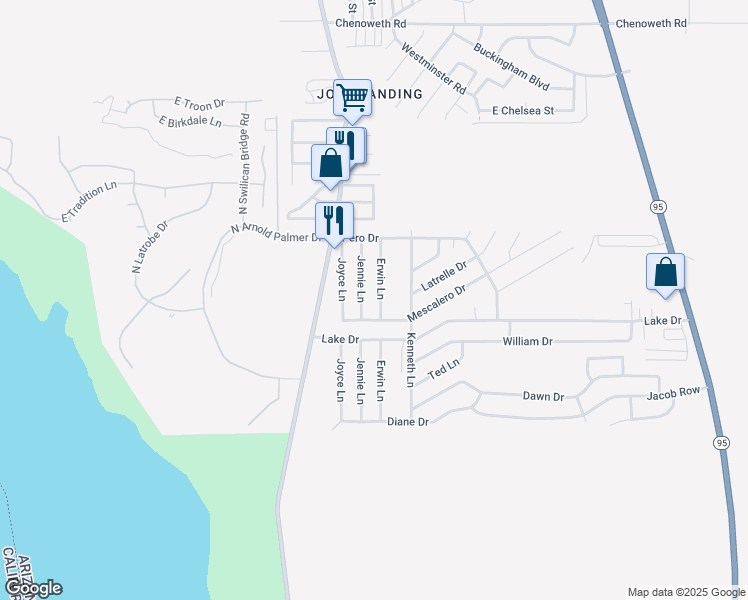 map of restaurants, bars, coffee shops, grocery stores, and more near 3128 Erwin Lane in Lake Havasu City
