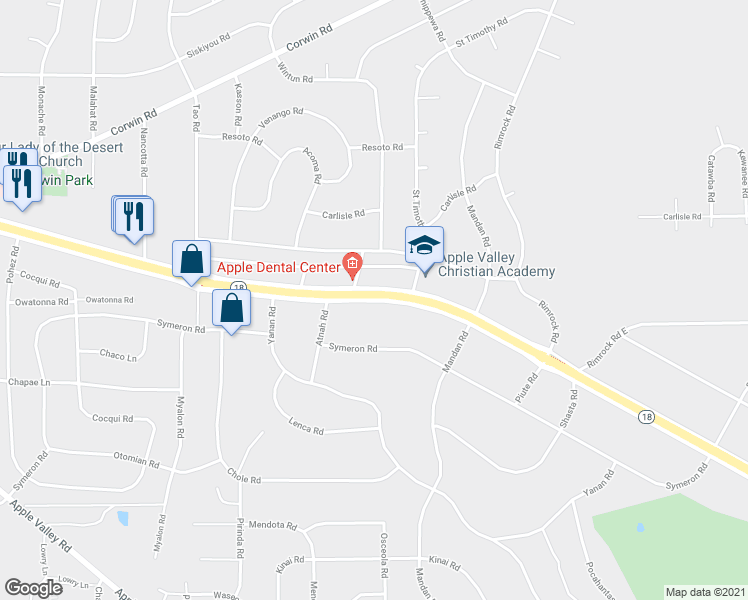 map of restaurants, bars, coffee shops, grocery stores, and more near 19255 Outer Highway 18 South in Apple Valley