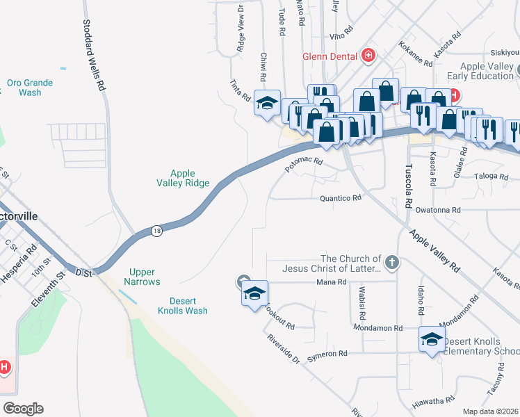 map of restaurants, bars, coffee shops, grocery stores, and more near 15708 Potomac Road in Apple Valley