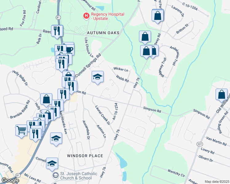 map of restaurants, bars, coffee shops, grocery stores, and more near 311 Simpson Road in Anderson