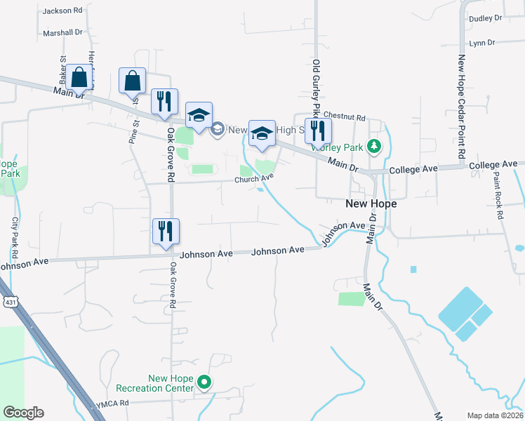 map of restaurants, bars, coffee shops, grocery stores, and more near 1205 Johnson Avenue in New Hope