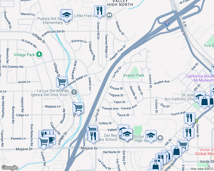 map of restaurants, bars, coffee shops, grocery stores, and more near 15728 La Paz Drive in Victorville