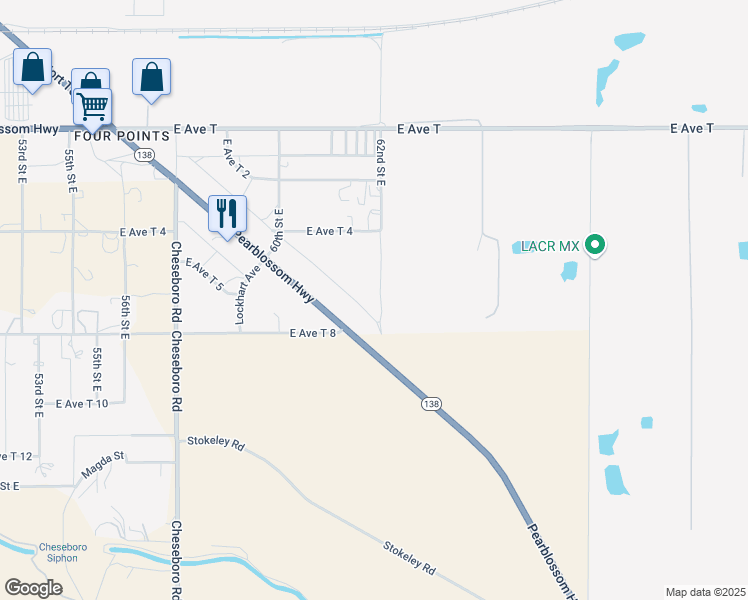 map of restaurants, bars, coffee shops, grocery stores, and more near Pearblossom Highway in Littlerock