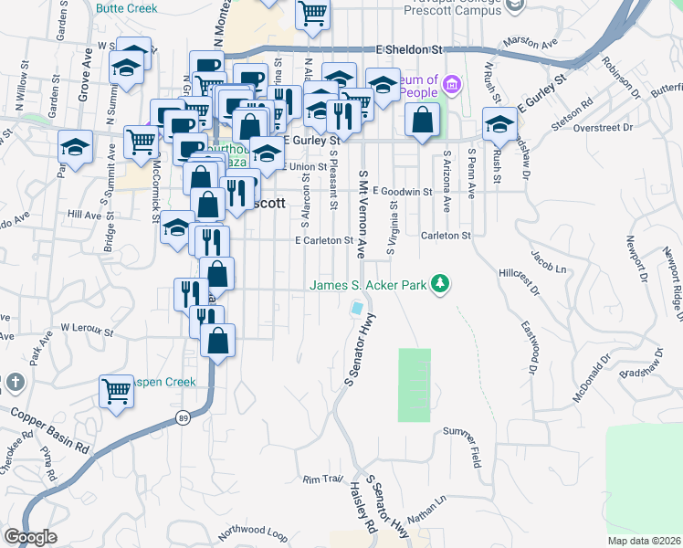map of restaurants, bars, coffee shops, grocery stores, and more near 349 South Pleasant Street in Prescott