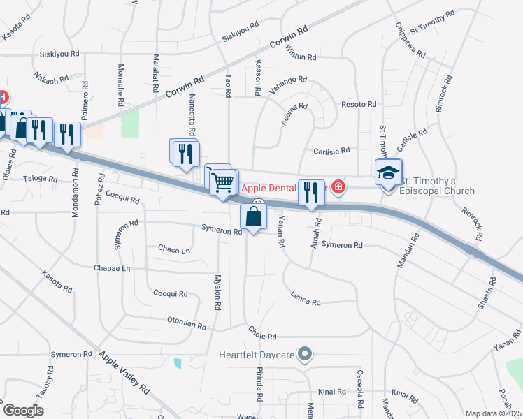 map of restaurants, bars, coffee shops, grocery stores, and more near 19001 Outer Highway 18 South in Apple Valley
