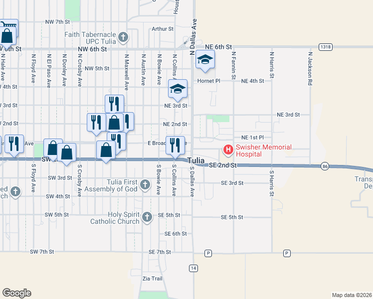 map of restaurants, bars, coffee shops, grocery stores, and more near 400-498 State Highway 86 in Tulia