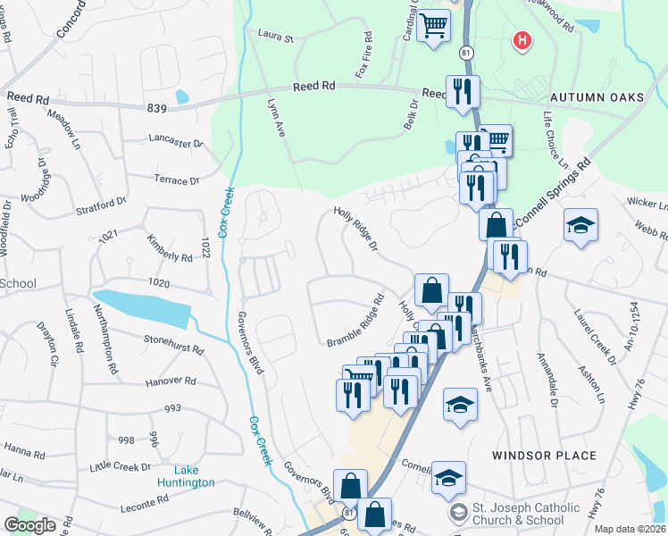 map of restaurants, bars, coffee shops, grocery stores, and more near 303 Holly Creek Drive in Anderson