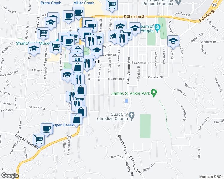map of restaurants, bars, coffee shops, grocery stores, and more near 306 East Aubrey Street in Prescott