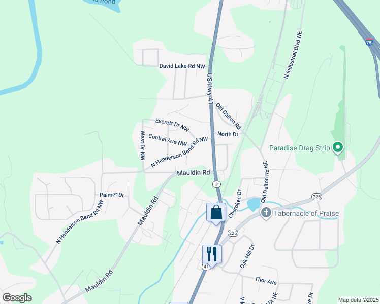map of restaurants, bars, coffee shops, grocery stores, and more near 126 Colony Drive Northwest in Calhoun