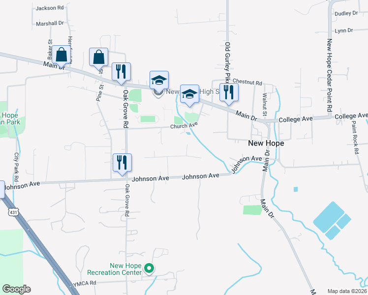 map of restaurants, bars, coffee shops, grocery stores, and more near 1205 Johnson Avenue in New Hope