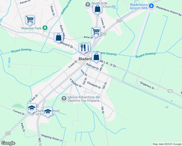 map of restaurants, bars, coffee shops, grocery stores, and more near 213 East Elm Street in Bladenboro
