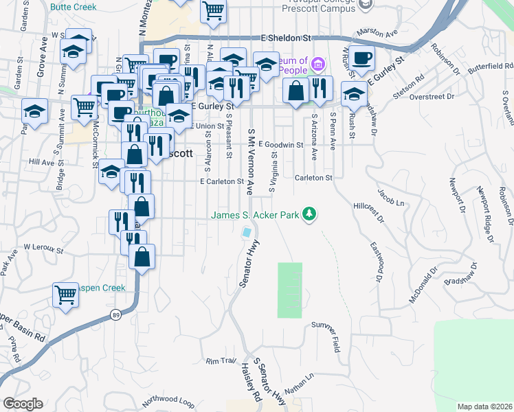 map of restaurants, bars, coffee shops, grocery stores, and more near 342 South Virginia Street in Prescott