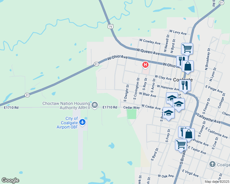 map of restaurants, bars, coffee shops, grocery stores, and more near 703 West Cedar Avenue in Coalgate