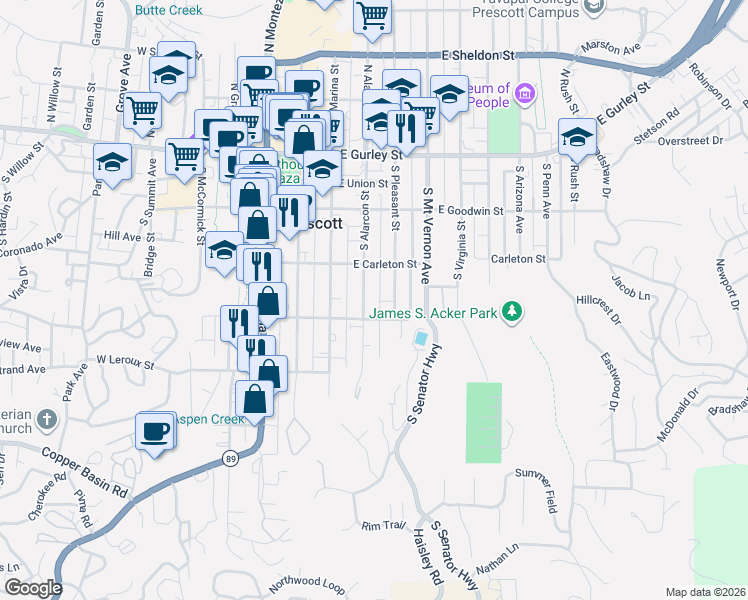 map of restaurants, bars, coffee shops, grocery stores, and more near 306 East Aubrey Street in Prescott