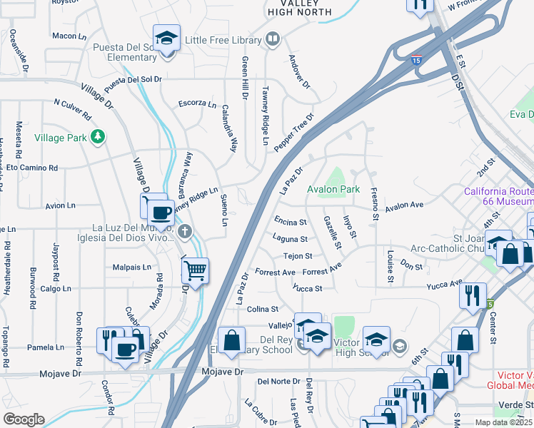 map of restaurants, bars, coffee shops, grocery stores, and more near 15728 La Paz Drive in Victorville