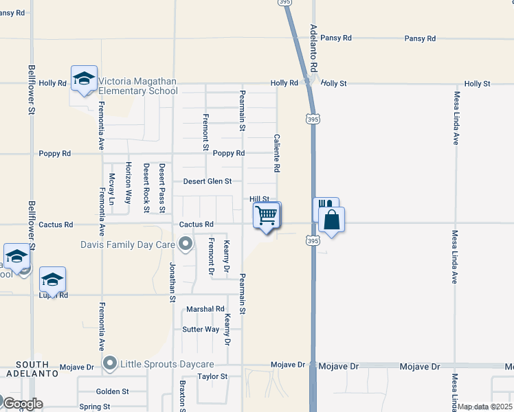 map of restaurants, bars, coffee shops, grocery stores, and more near 15747 Ox Hill Court in Adelanto