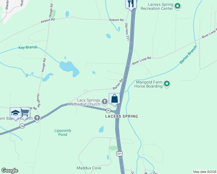 map of restaurants, bars, coffee shops, grocery stores, and more near 167 Bartee Road in Laceys Spring