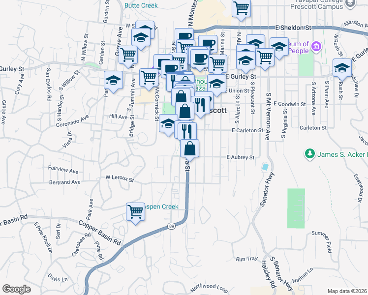 map of restaurants, bars, coffee shops, grocery stores, and more near 311 South Montezuma Street in Prescott