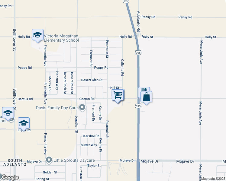 map of restaurants, bars, coffee shops, grocery stores, and more near 15747 Ox Hill Court in Adelanto
