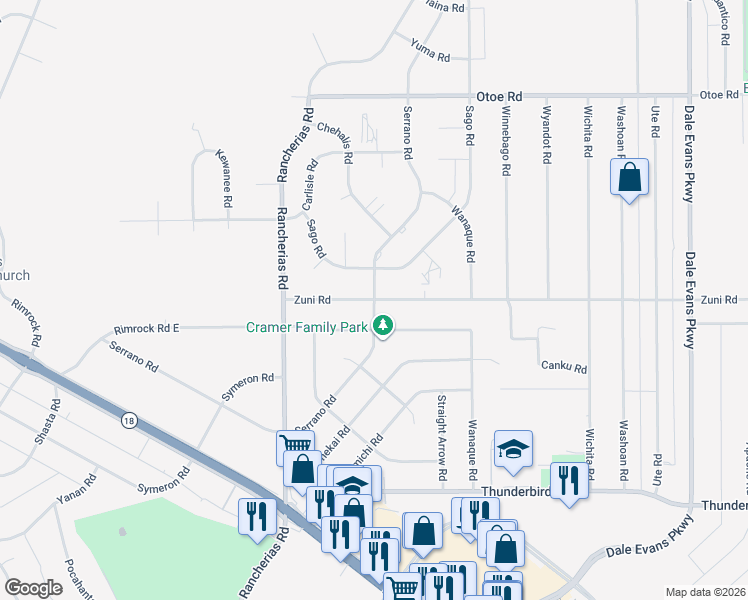 map of restaurants, bars, coffee shops, grocery stores, and more near Zuni Rd & Serrano Rd in Apple Valley