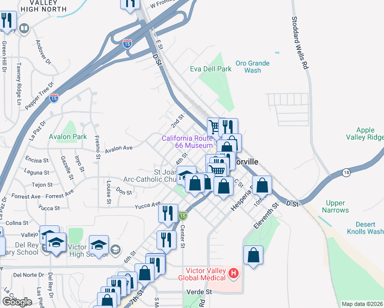 map of restaurants, bars, coffee shops, grocery stores, and more near 15584 4th Street in Victorville