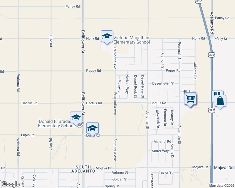 map of restaurants, bars, coffee shops, grocery stores, and more near 15756 Mcvay Lane in Adelanto